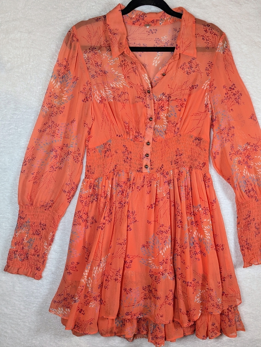 Women’s Orange/Coral  Floral Button-Front Smocked Waist Dress